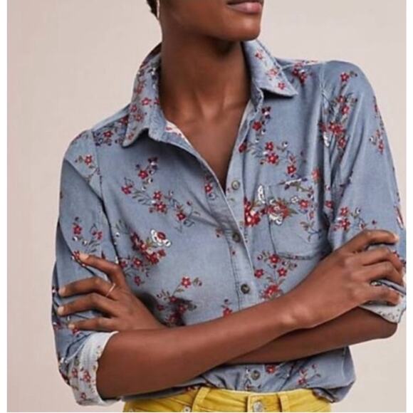 Anthropologie Building 18 Womens Blue Floral Corduroy Blouse Top US 4 - Picture 2 of 7